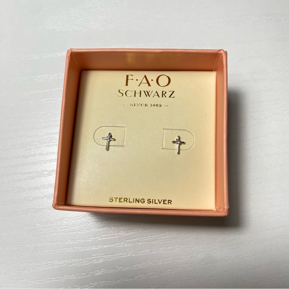 FAO SCHWARZ Silver Cross Earrings NEW